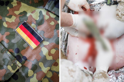 Collage Bundeswehranzug und OP am Schwein