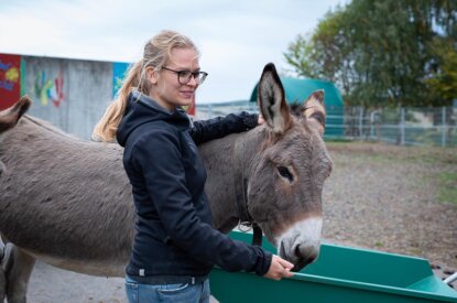 Blonde Frau mit Zopf, Brille in blauer Jacke steht neben einem grauen Esel und streichelt ihn am Kopf.