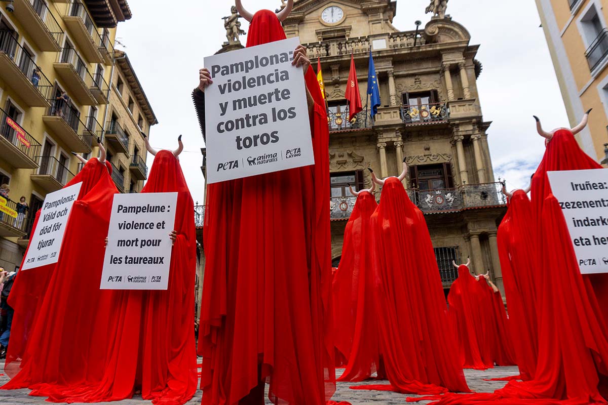 Protest gegen Stierrennen. Personen mit roten Tuechern und Hoernern halten Schilder.