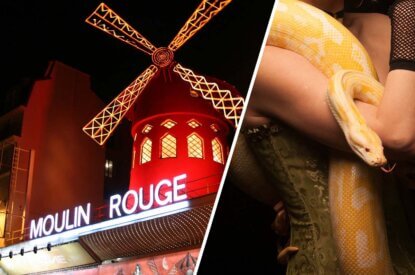 Collage: Links Moulin Rouge Eingang mit roter Windmuehle auf dem Dach. Rechts Frau mit gelber Python im Arm.