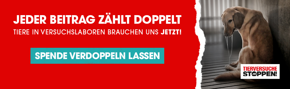 Banner: Jeder Beitrag zaehlt doppelt fuer Tierversuche. Hund im Labor.